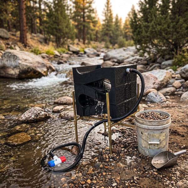 Gold Cube concentrator running on its stand beside a mountain creek