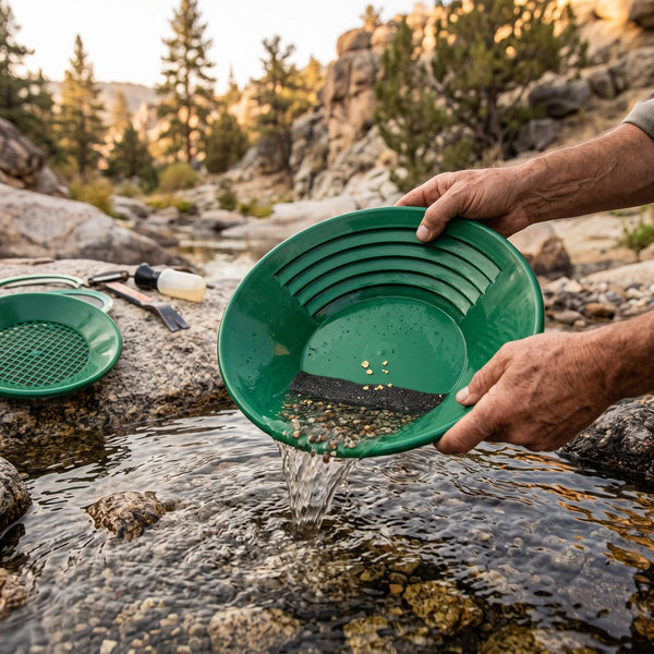 Hands panning in a creek with gold flakes in the black sand of a green gold pan