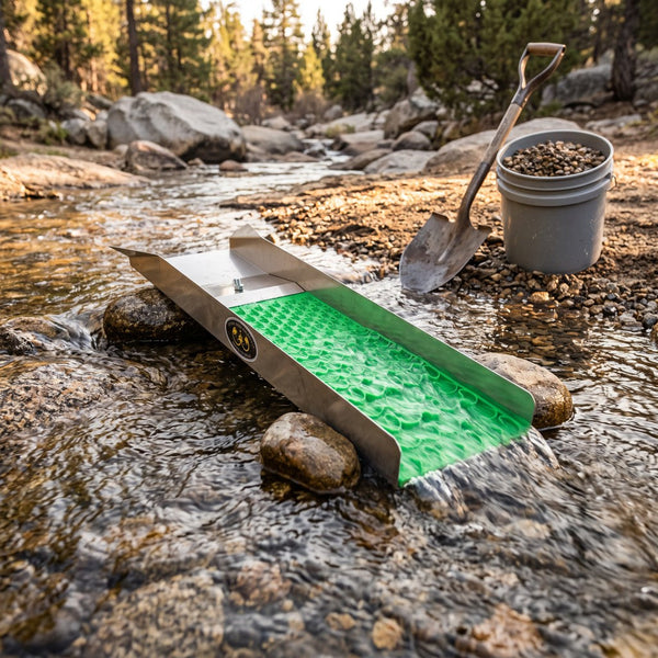 Sluice box with a Dream Mat set in a flowing creek, shovel and bucket on the bank