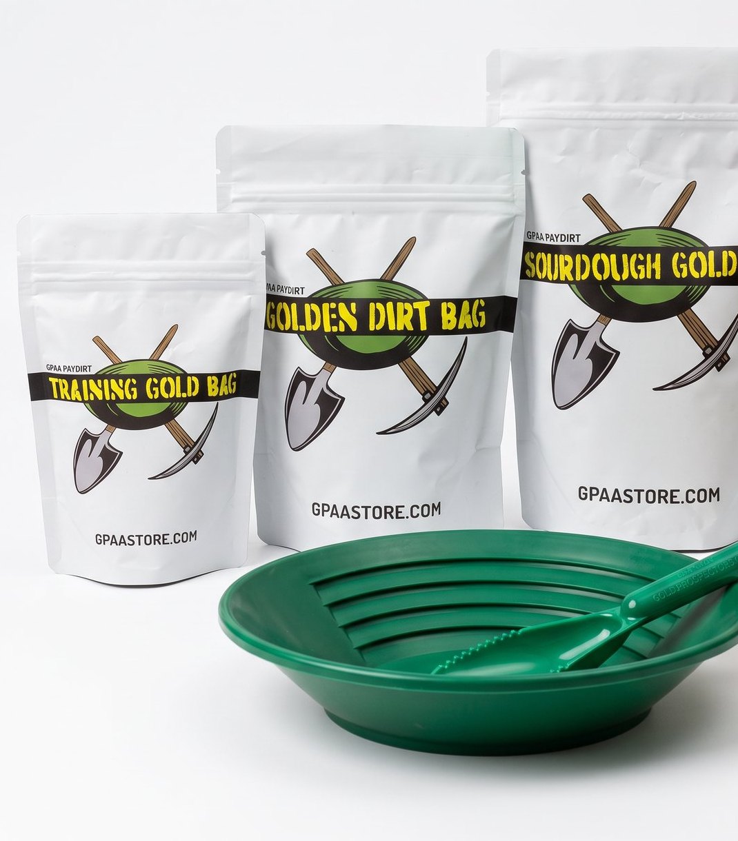 GPAA Training, Golden Dirt, and Sourdough paydirt bags with a green gold pan